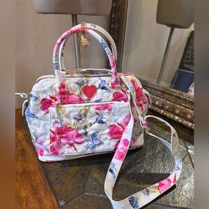 Betsey Johnson Floral White and Pink Handbag w/ Crossbody Strap.